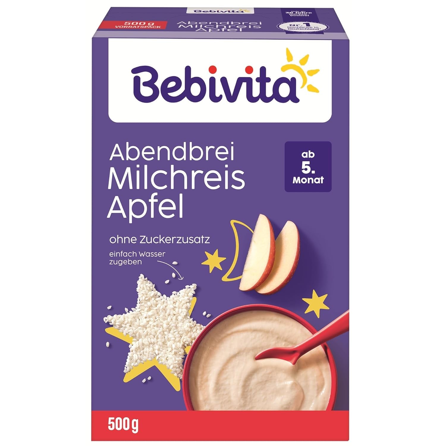 Milchreis mit Äpfeln und Abendbrei (4x500g), Milchbrei ab 5 Monaten, mit wertvollen Mineralien und Vitaminen, ohne Zuckerzusatz, sehr sättigend