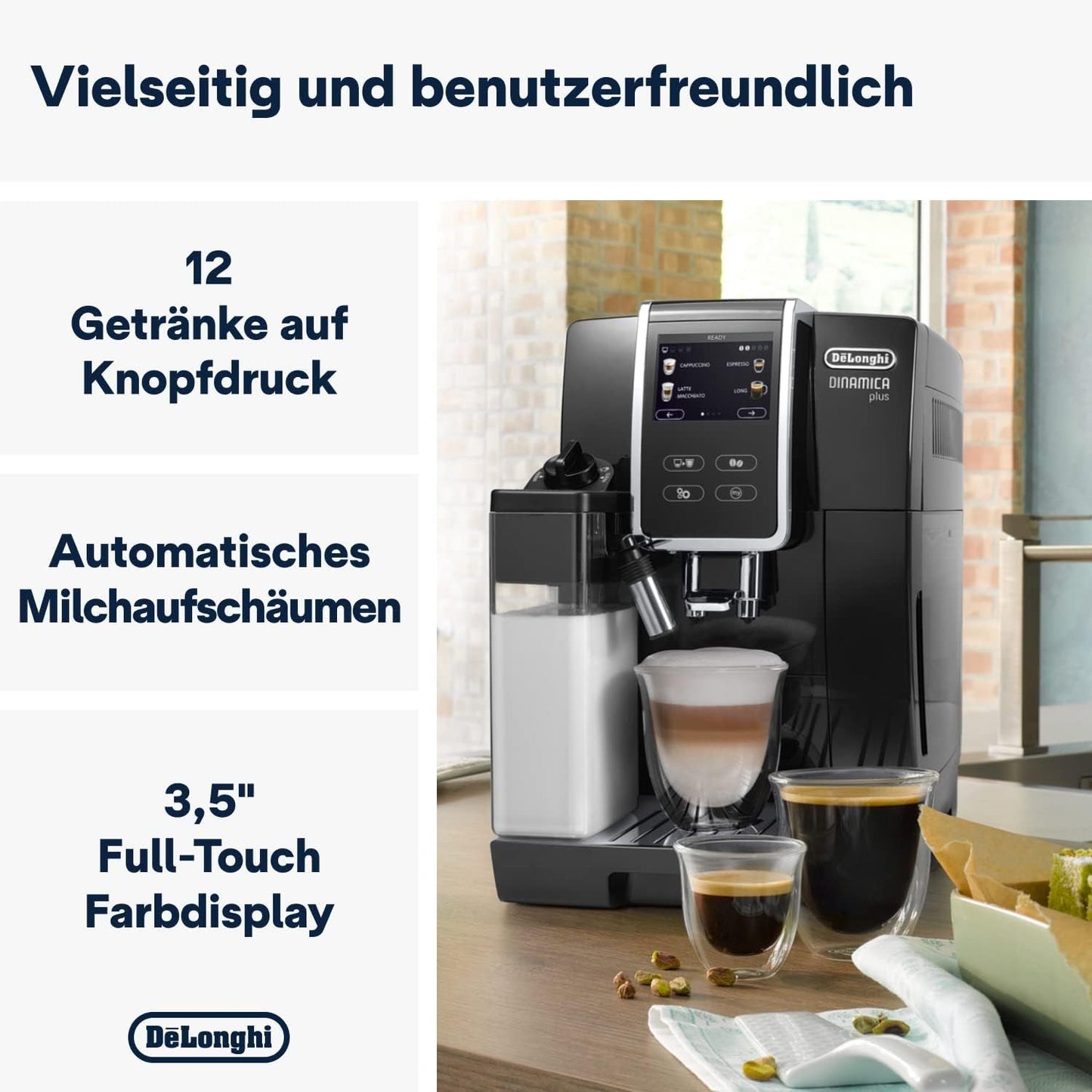De'Longhi Dinamica Plus ECAM 370.70.B Vollautomatische Espressomaschine mit LatteCrema-Milch-, Cappuccino- und Espressosystem, 3,5 Zoll TFT-Farb-Touchscreen und App-Steuerung, Kaffeefunktion, schwarz