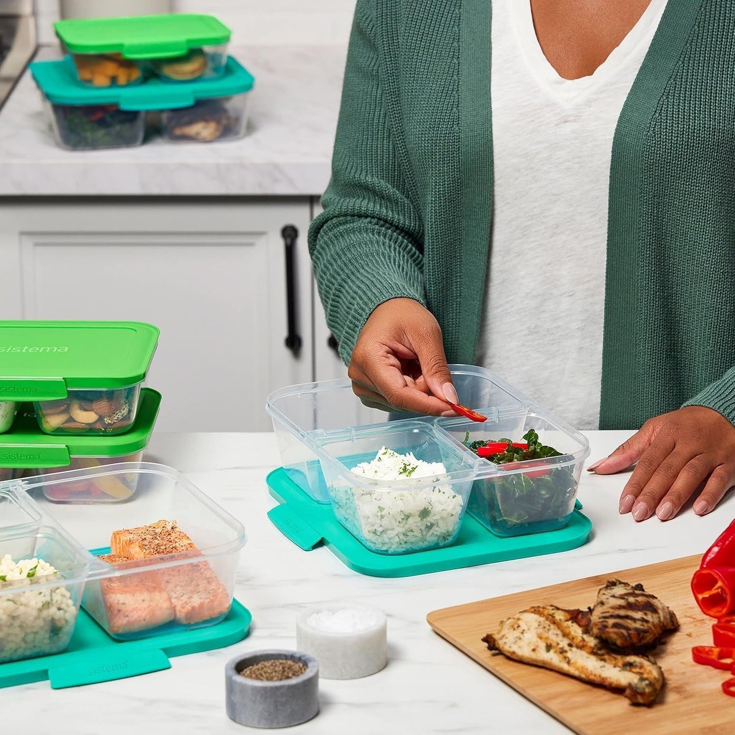 Nest IT-System-Vorratsbehälter für Lebensmittel, Meal-Prep-Boxen | 1,9 Liter luftdichte Aufbewahrungsbehälter mit DREI Fächern und Deckeln | BPA-frei | Grün | 5 Stück Naty Shop Lebensmittel-Aufbewahrungsboxen