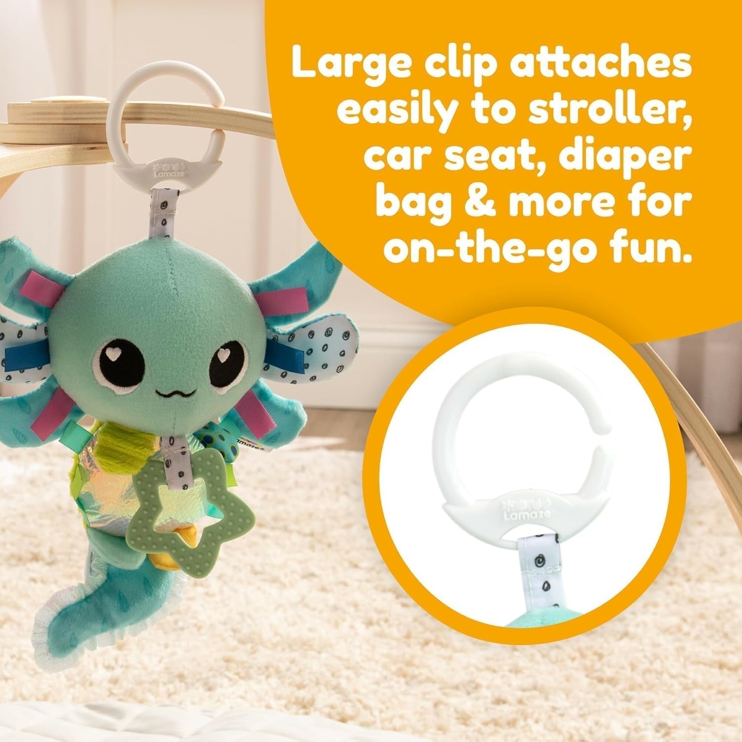 LAMAZE Alise Axolotl – Clip & Go-Kinderwagenspielzeug – sensorisches Babyspielzeug – 0–6 Monate frühes Lernspielzeug – fachmännisch für Neugeborene entwickelt – Babyparty-Geschenke Bebe Naty Shop Spielzeug