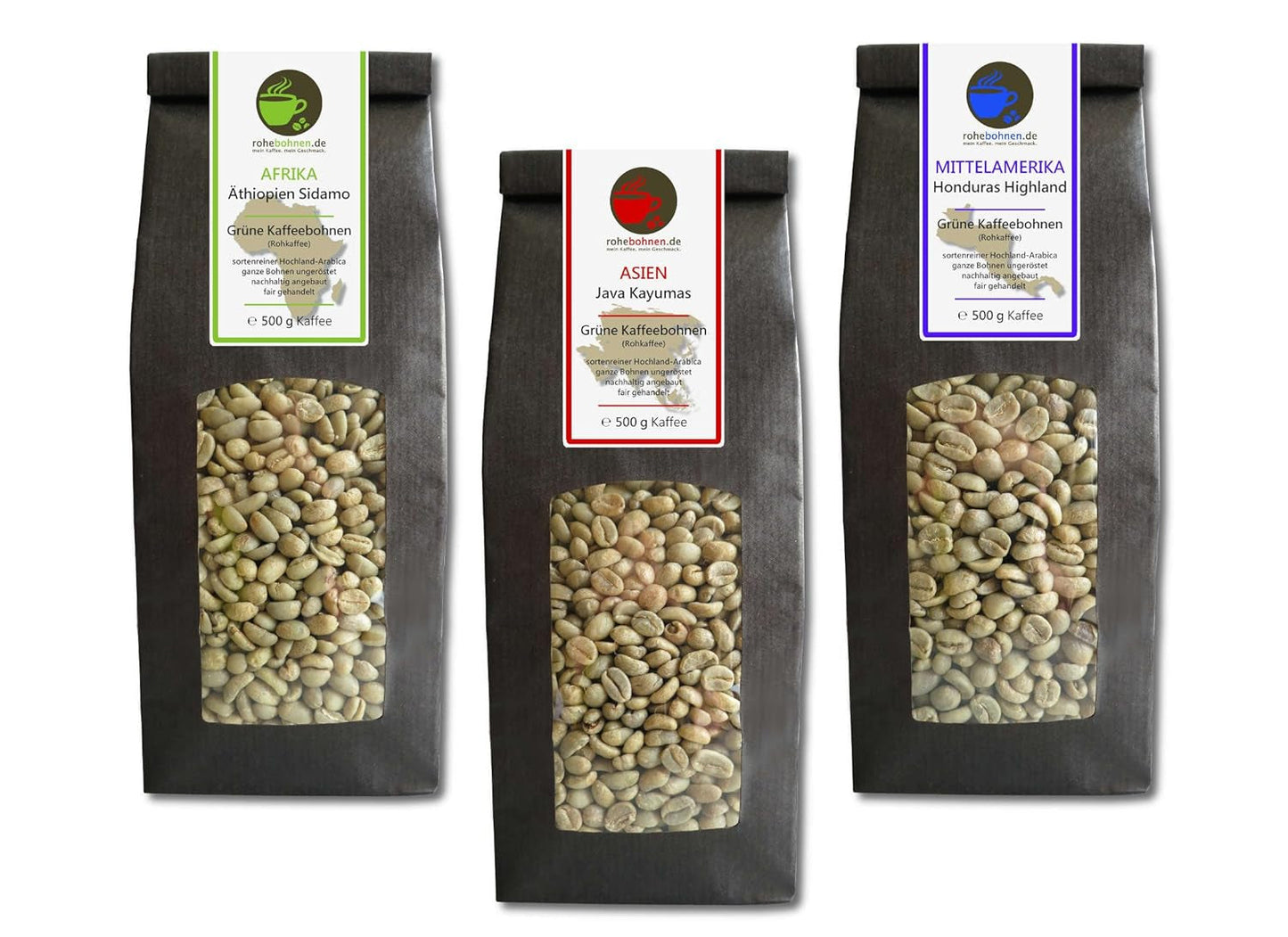 Rohkaffee – Bio-Rohkaffee aus Äthiopien, Java, Honduras (reduzierte Packung grüne Kaffeebohnen 3x500 g) – GMP-zertifiziert