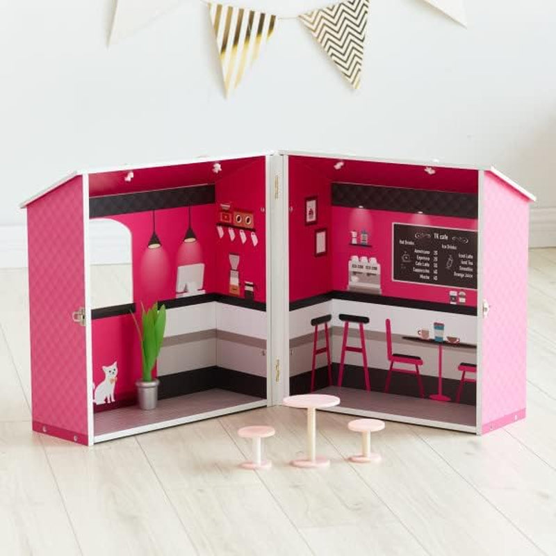 Teamson Kids – Dreamland City Café Puppenhaus 30 cm – Rosa/Weiß/Schwarz