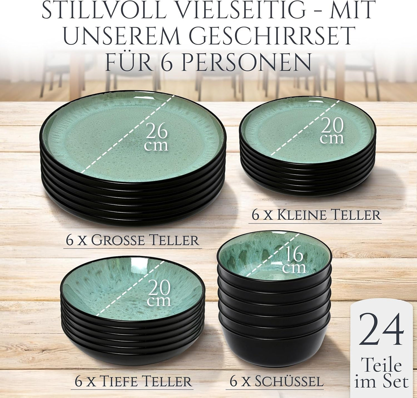 24-teiliges Keramik-Steinzeug-Geschirrset für 6 Personen, Ibiza-Design, TESTSIEGER. Ein wunderschönes mediterranes Geschirrset mit Schüsseln und Tellern. Pure Living Geschirrset, Salbeigrün.