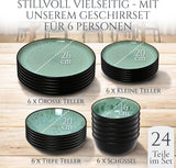 24-teiliges Keramik-Steinzeug-Geschirrset für 6 Personen, Ibiza-Design, TESTSIEGER. Ein wunderschönes mediterranes Geschirrset mit Schüsseln und Tellern. Pure Living Geschirrset, Salbeigrün.