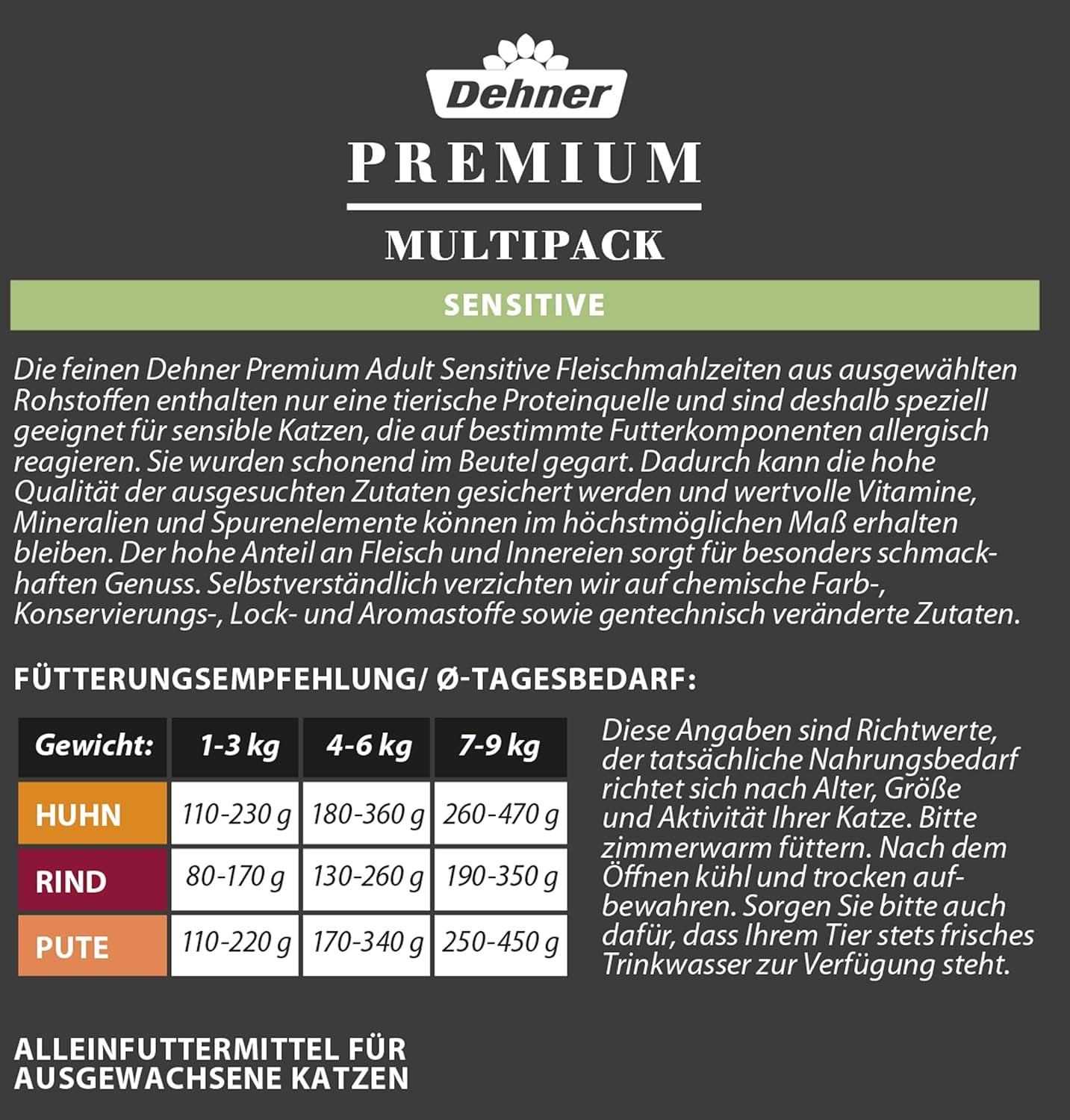 Dehner Premium Katzenfutter Sensitive Multipack, Nassfutter, für ernährungsempfindliche Katzen, je 4 x Huhn / Rind / Pute, 12 x 100 g Beutel (1,2 kg)