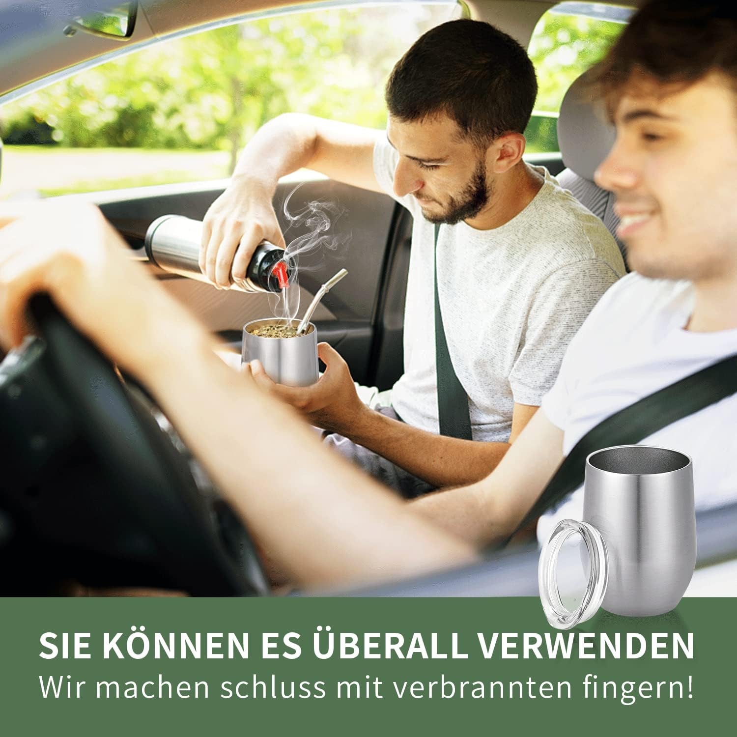Moderner Mate-Becher 340 ml, isoliertes doppelwandiges Edelstahl-Yerba-Mate-Becher-Set, Mate-Teebecher mit BPA-freiem Deckel, Bombillas und einer Reinigungsbürste (Silber)
