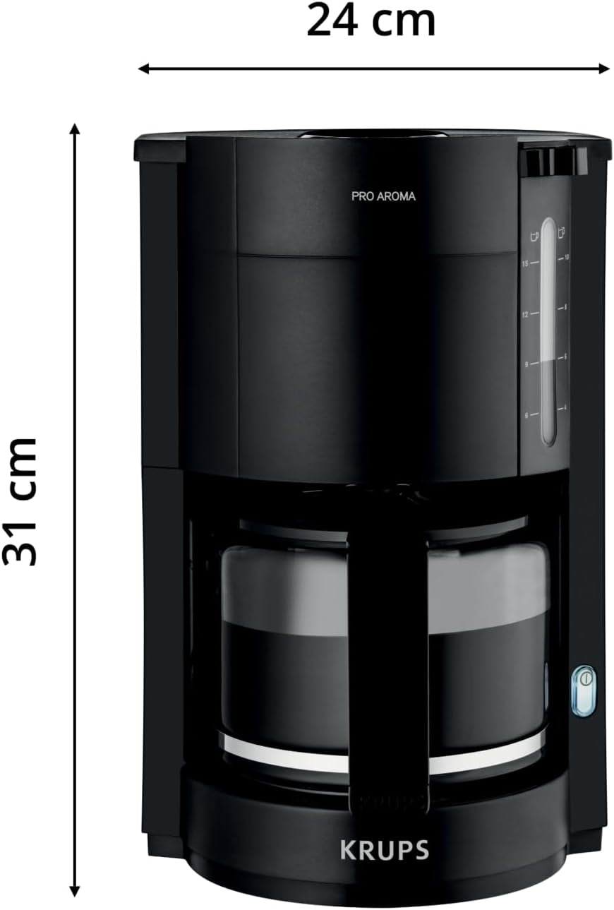 Krups F30908 ProAroma Espressomaschine mit Filter und Glaskaraffe, Fassungsvermögen 1,25 l, 10-15 Tassen, 1050 W, schwarz