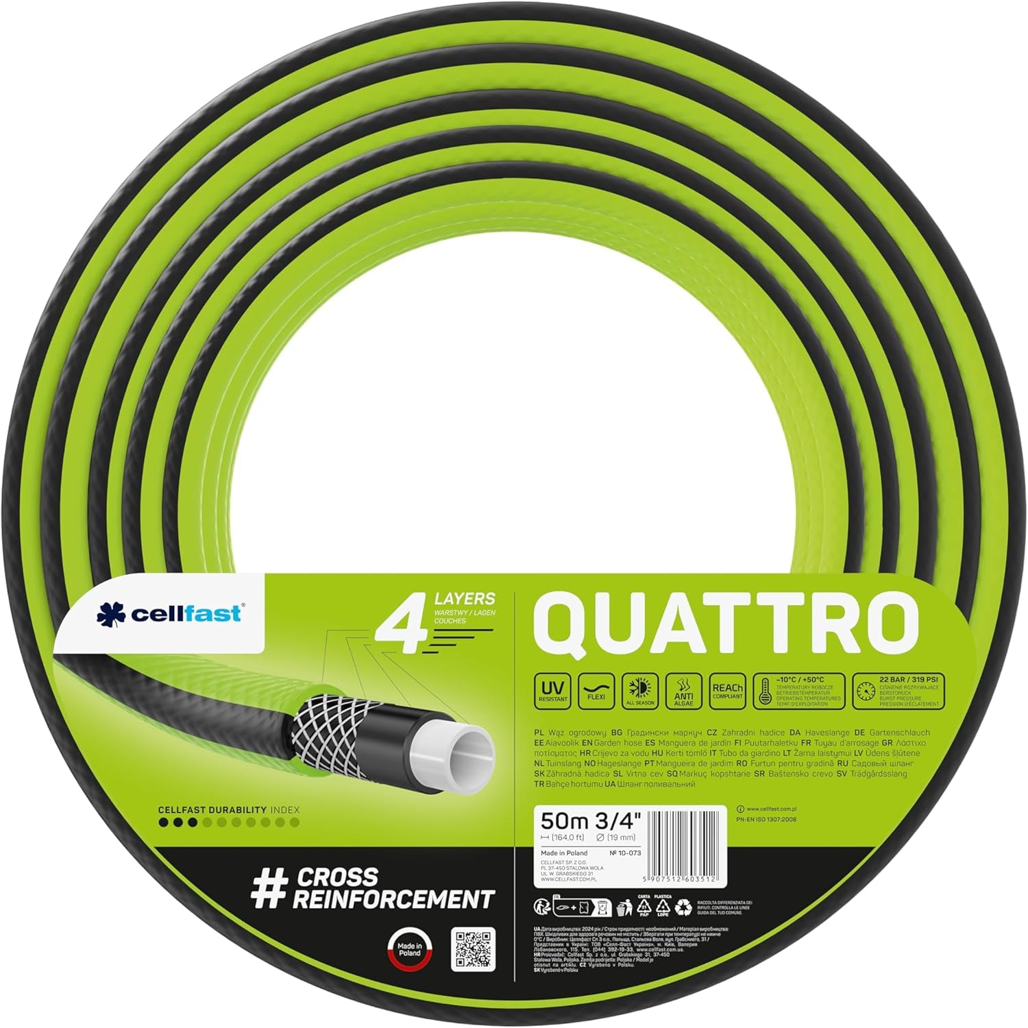 Cellfast QUATTRO Gartenschlauch, langlebig, leicht, 4-lagiger, UV-beständiger Drahtschlauch, Kreuzgeflecht, 20 Bar, 3/4 Zoll, 15 m, 10-074