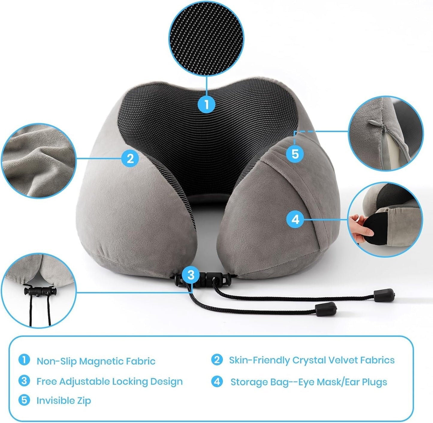 Good Nite Nackenkissen, Flugzeug-Nackenkissen, Reisekissen, Erwachsenen-Nackenkissen, Auto-Heim-Kissen, Kopfkissen, ergonomischer Memory-Schaum, waschbar, mit schmaler Rückseite, verstellbar, Grau, Reisekissen, Naty Shop