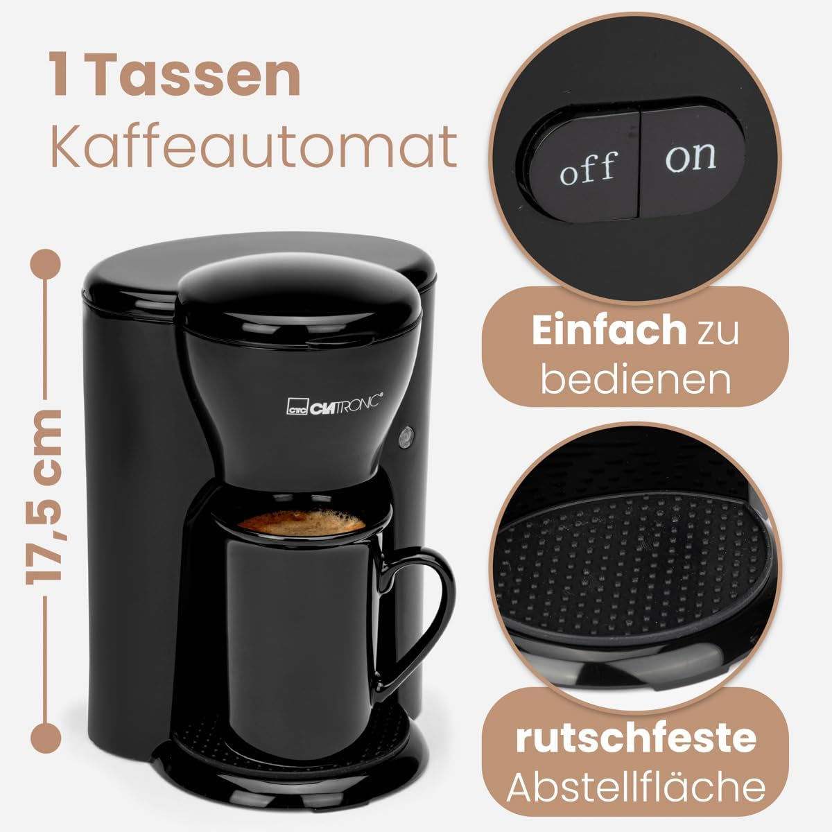 Clatronic® 1-Tassen-Kaffeemaschine | Perfekte Espressomaschine für Singles | Espressomaschine mit Filter, inklusive Keramiktasse | Kleine Espressomaschine mit Filter, ideal für unterwegs | KA 3356