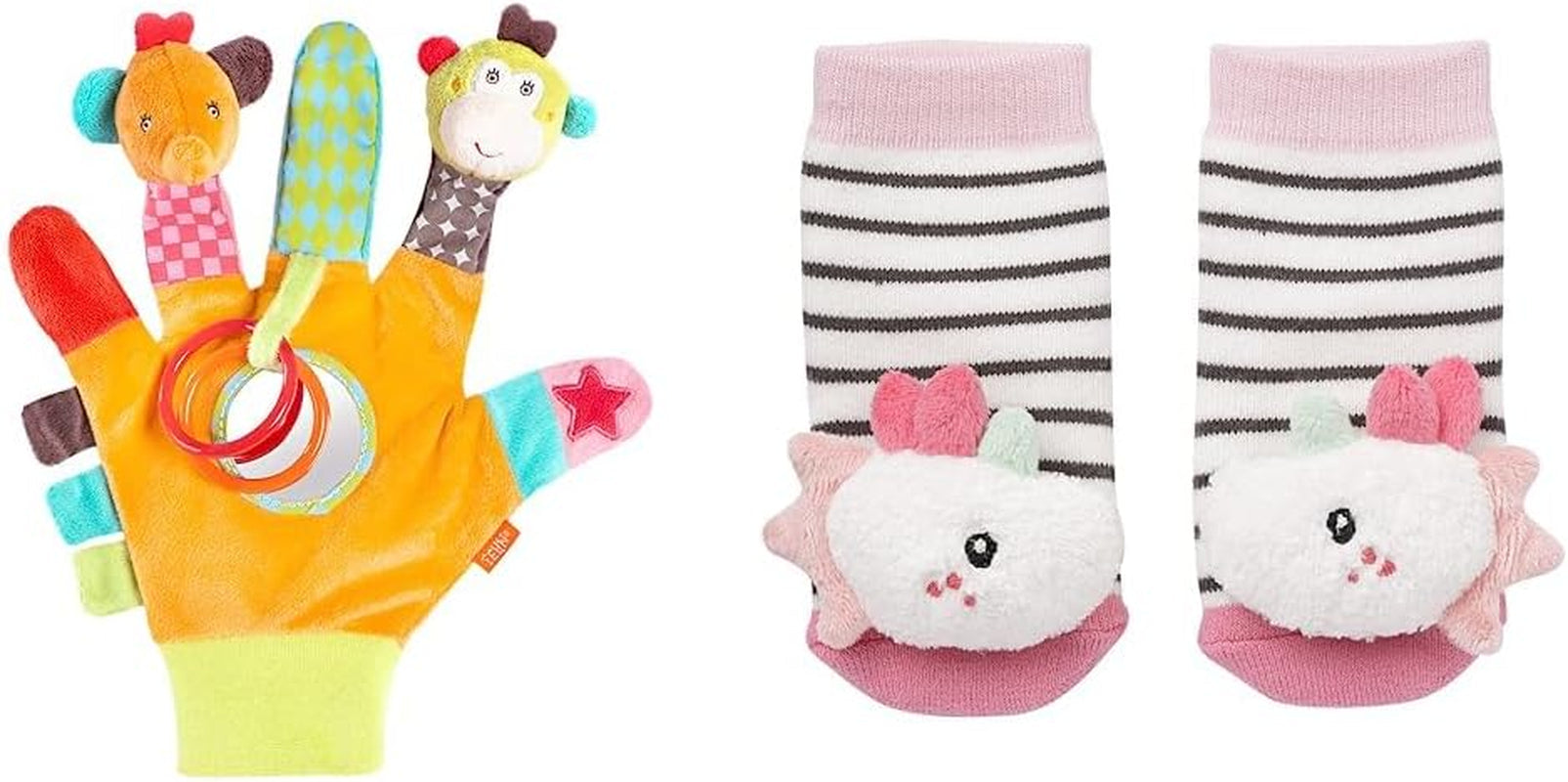 Fehn Spielhandschuh Safari – Affen- und Elefanten-Fingerpuppen für Kinder & Einhorn-Glockensocken für Kinder – Kindersocken mit Glockenfunktion und Einhornkopf – stimulieren Motorik und Sinne Bebe Toys Naty Shop Einhorn-Rasselsocken-Packung für Kinder Safari