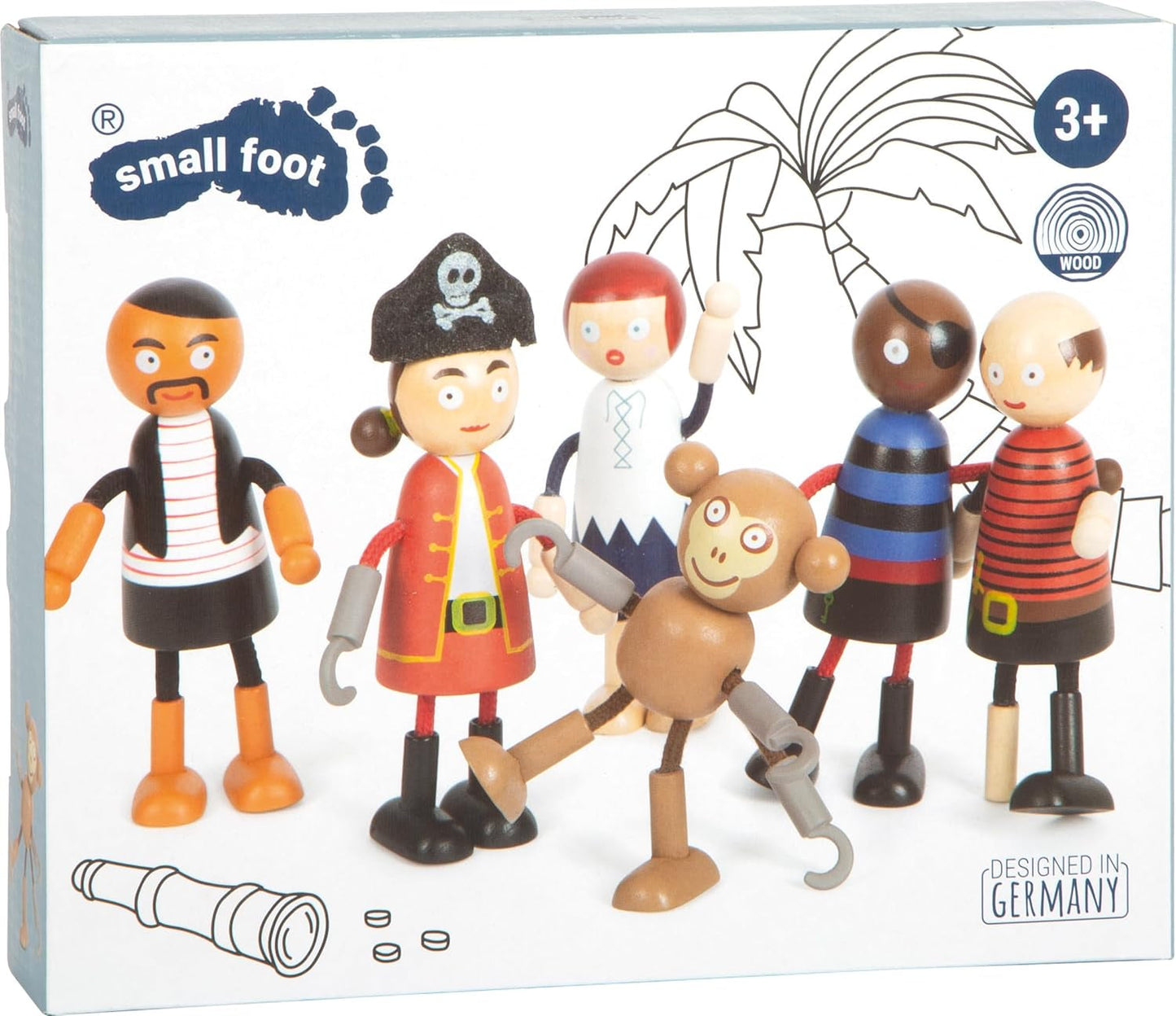Small Foot Flexible Piratenpuppen aus Holz, 5 Piraten und 1 Affe, detailliert und flexibel, ab 3 Jahren, 12412
