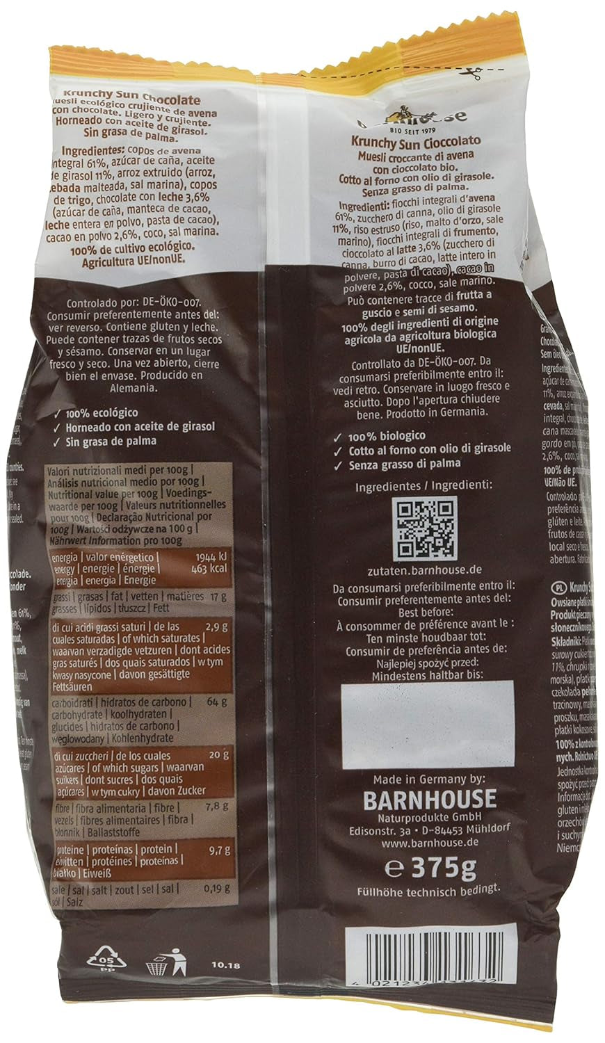 Barnhouse Krunchy Sun | Müsli mit Schokolade | Ökologisch | Vegetarisch, 375 Gramm