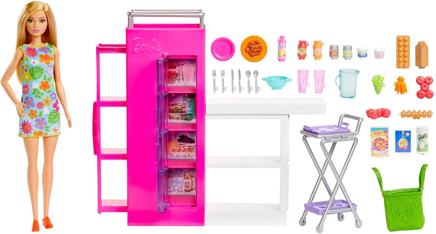 Barbie-Puppen-Speisekammer-Spielset mit mehr als 25 Küchenteilen und Zubehör – perfekt für kleine Feinschmecker und Geschenk für Kinder ab 3 Jahren, HJV38