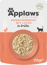 Applaws 100 % natürliches Nassfutter für Katzen, Hähnchenbrust mit Lachs in Brühe – Packung mit 12 70-g-Beuteln