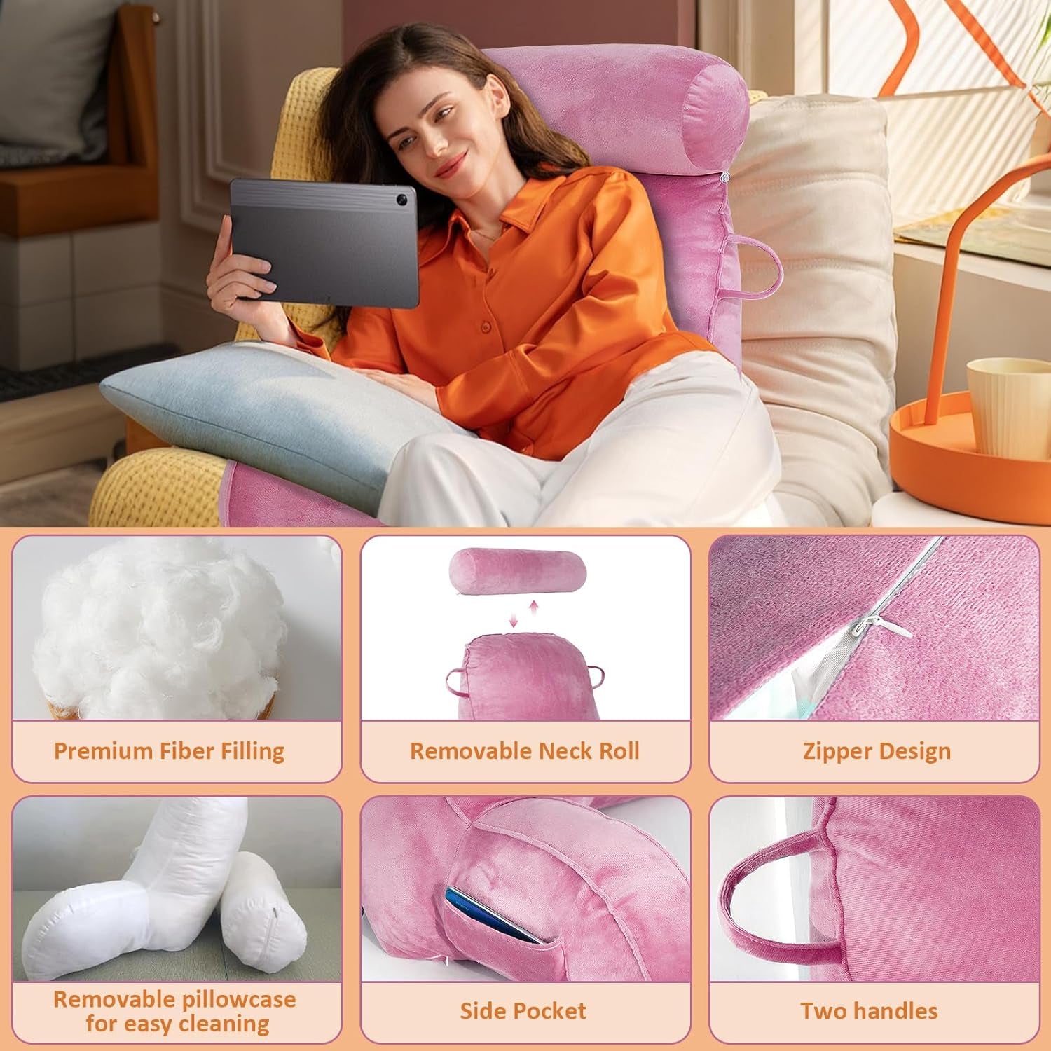 XL-Lesekissen für Bett und Sofa mit abnehmbarer Nackenrolle, ideales Rückenkissen für Erwachsene mit Memory-Schaum für bequemes Lesen, Arbeiten, Spielen, Fernsehen, Entspannen (Pink)