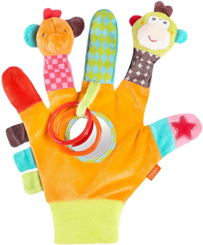 Fehn Spielhandschuh Safari – Affen- und Elefantenbaby-Fingerpuppen & Einhorn-Babyglockensocken – Babysocken mit Klingelfunktion und Einhornkopf – stimulieren Motorik und Sinne Bebe Toys Naty Shop