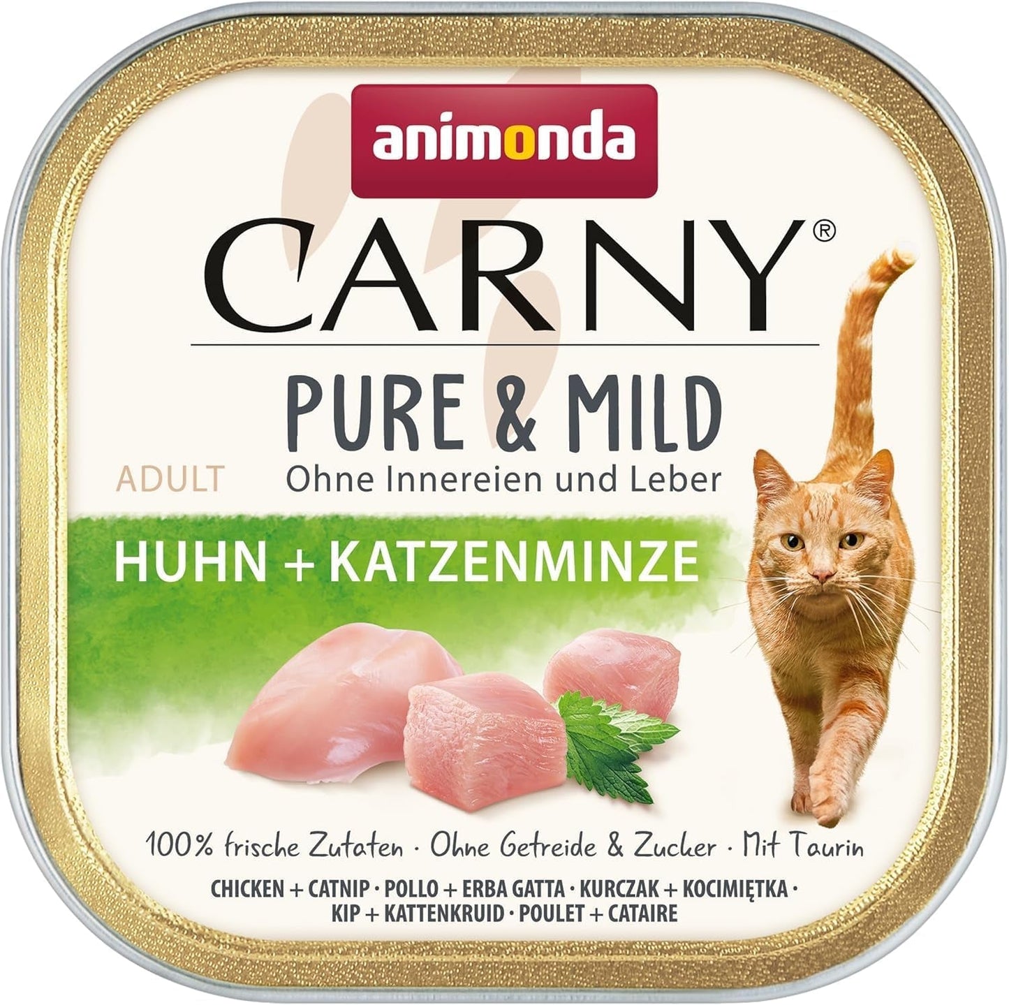 Adult Pure & Mild Nassfutter für Katzen mit Huhn und Katzenminze (32 x 100 g), für empfindliche Katzen, getreide- und zuckerfrei, leicht verdauliches Nassfutter mit Huhn