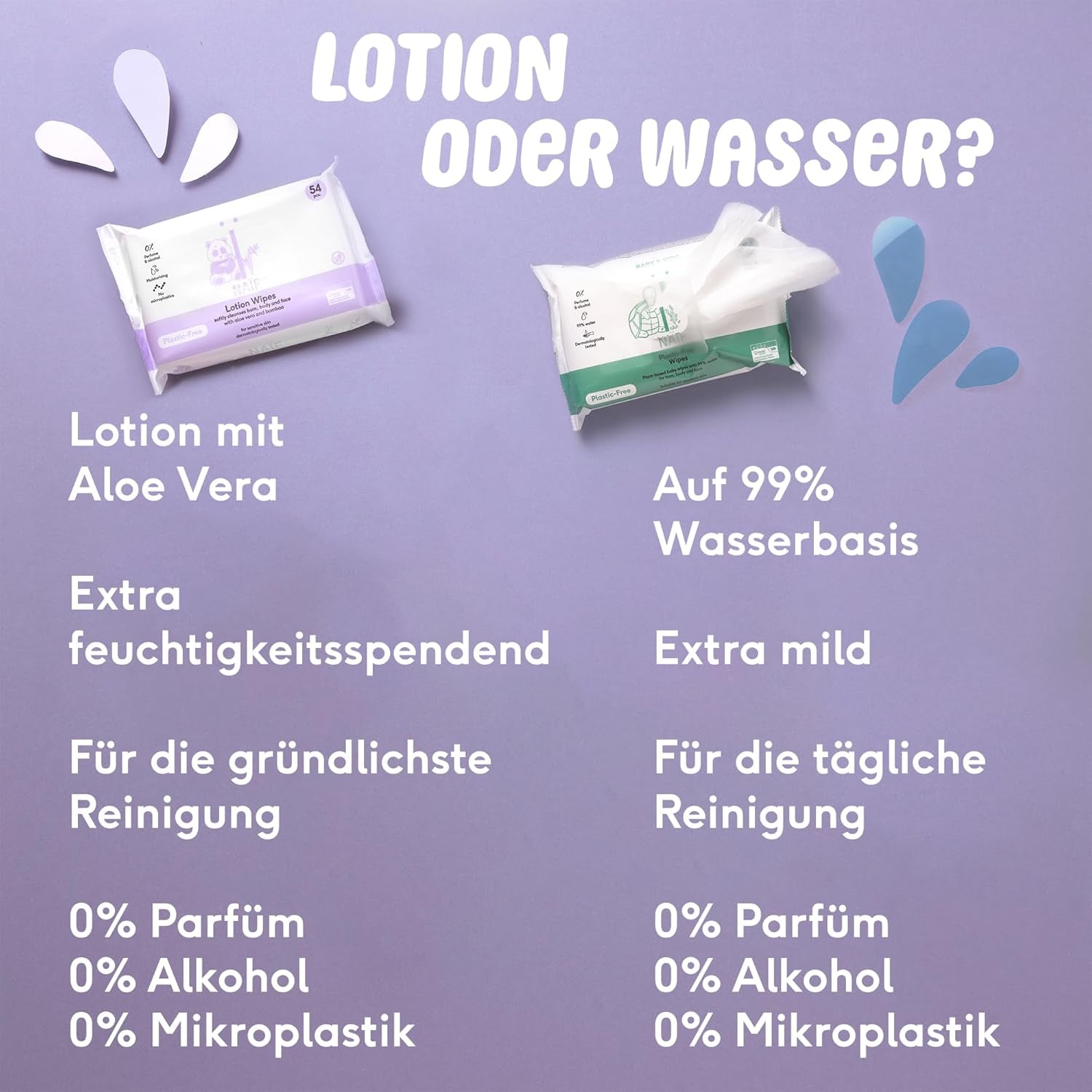 Naïf – Plastikfreie Feuchttücher – 1296 Stück (24 Stück x 54 Feuchttücher) – Babypo-, Körper- und Gesichtspflege – 99 % Wasser – 0 % Duftstoffe und Alkohol