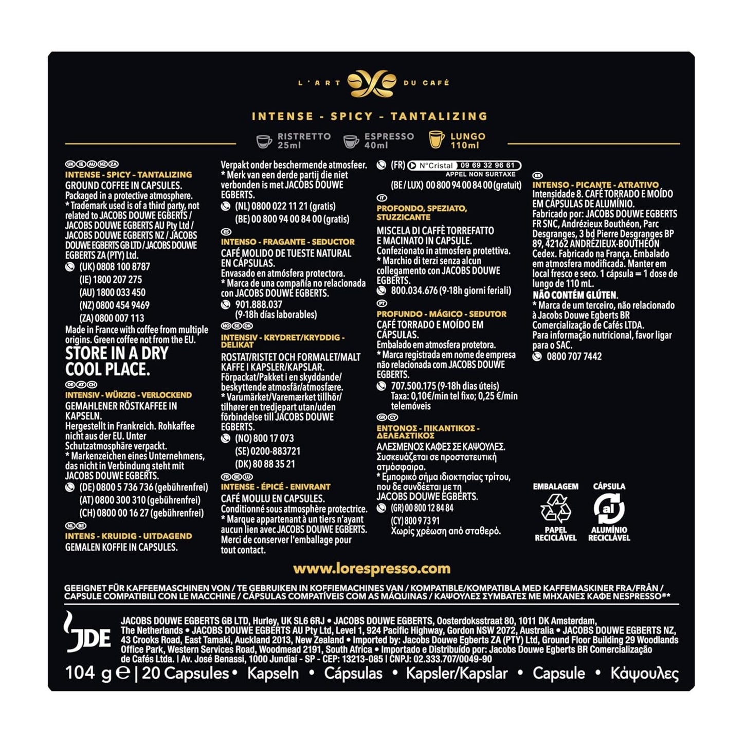 L'OR Espresso Kaffeetassen Lungo Profondo (200 Lungo Kaffeekapseln, Gesicht für Nespresso* Kaffeemaschinen, Intensität 08/12, 100 % Arabica Kaffee, UTZ-zertifiziert), 10 x 20 Tassen