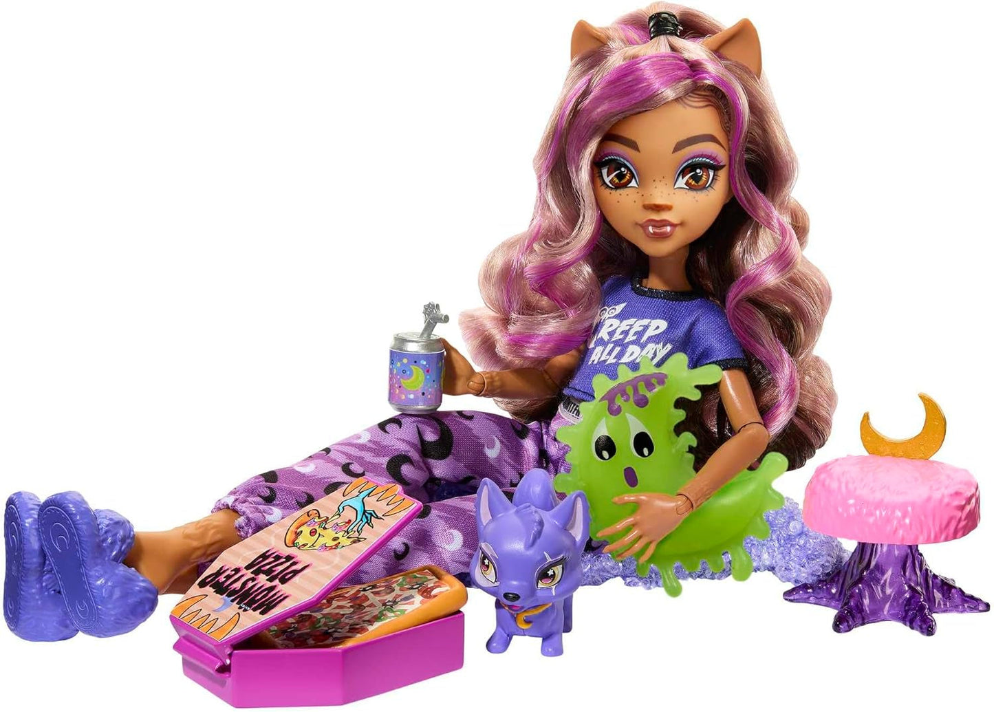 MONSTER HIGH Puppen- und Übernachtungszubehör, Clawdeen-Wolf-Puppe mit Haustierkatze, Halbmond, Creepover-Party, HKY67