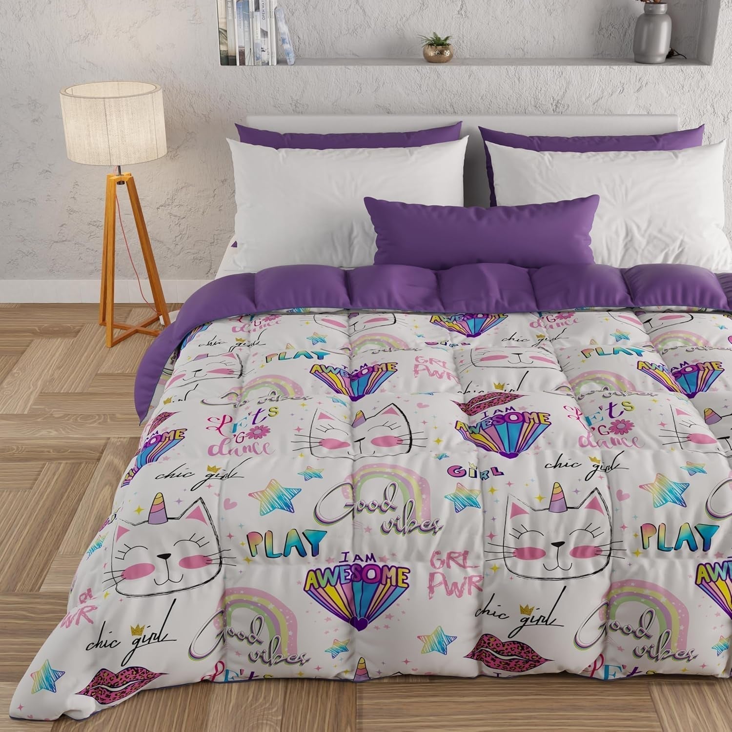 PETTI Artigiani Italiani - Winterdecke, Winterdecke, Doubleface, Monocolor- und Digitaldruck, 100 % hypoallergene Mikrofaser, hergestellt in Italien Steppdecken und Steppdecken Naty Shop Mädchenkätzchen 160 x 190 cm