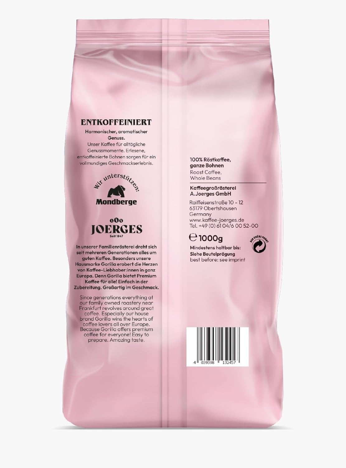 Espresso GORILLA 1000g entkoffeiniert, ganze Bohnen