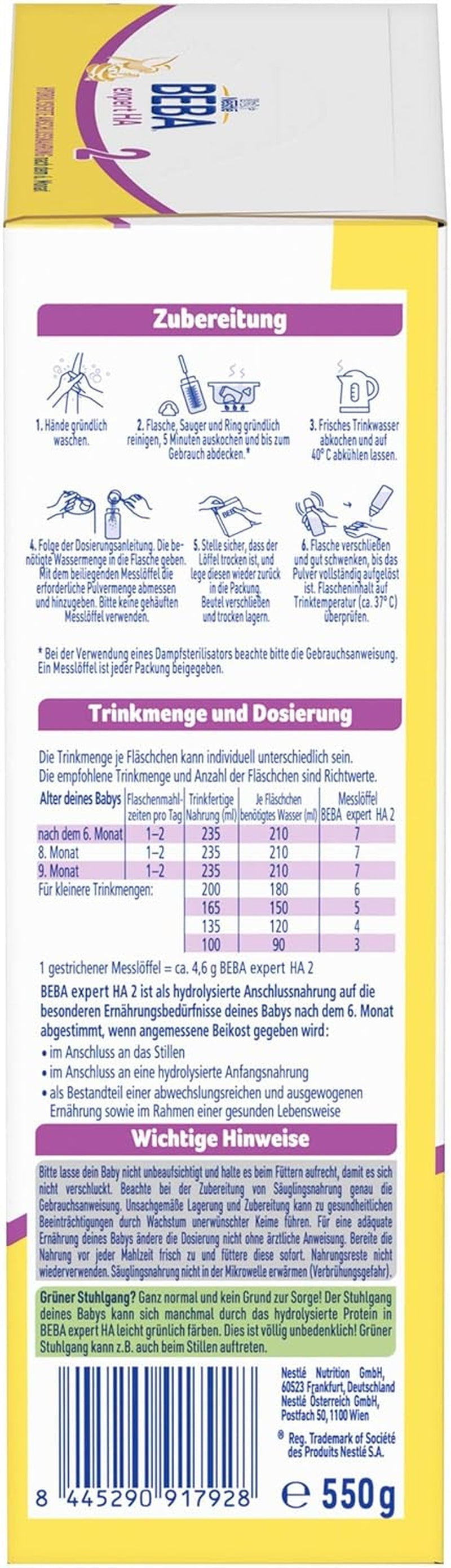 BEBA Expert HA 2 Folgemilch nach 6 Monaten, Babynahrung mit hydrolysiertem Protein, nur Laktose, palmölfrei, 6er Pack (6 x 550 g) Naty Shop