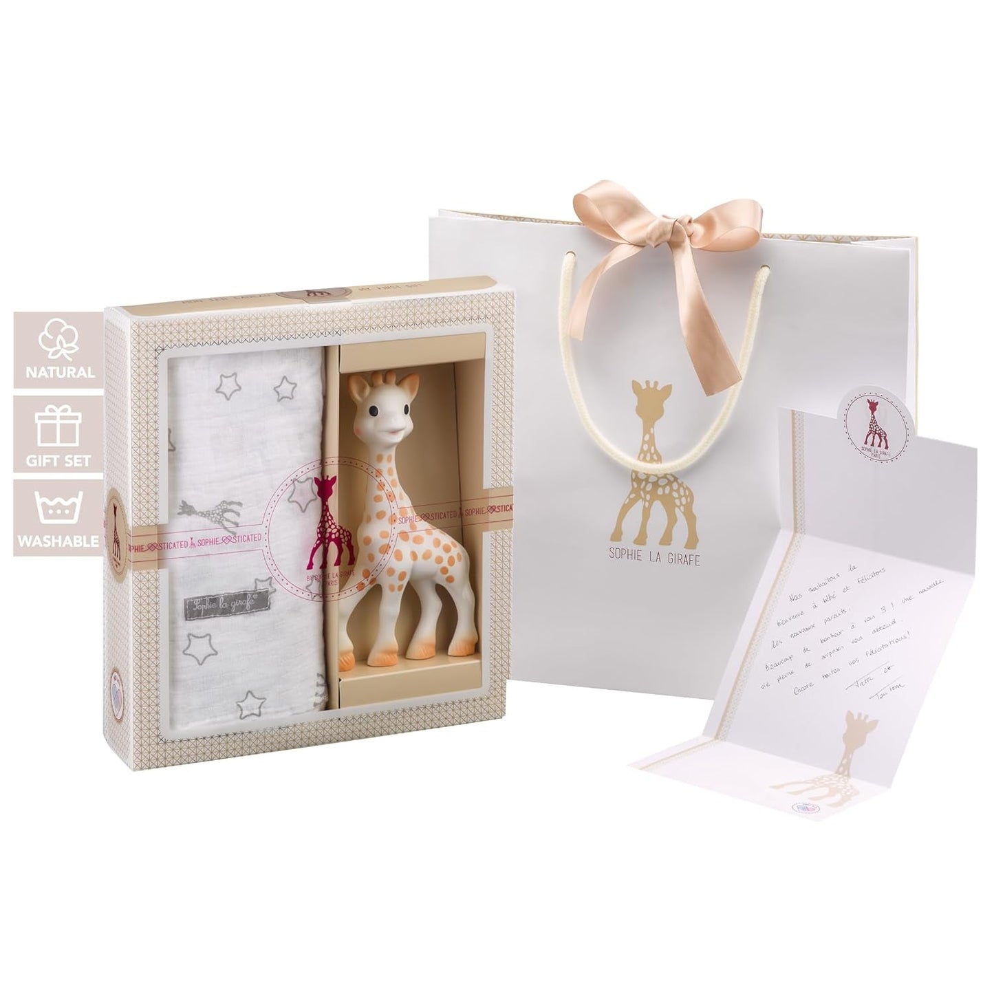 Sophie die Giraffe Geburtstagsgeschenkset Sophiesticated Rassel Pouet 00012 Spielzeuge Bebe Naty Shop Stele Sophie La Girafe Set Decke und Beißspielzeug für Kinder