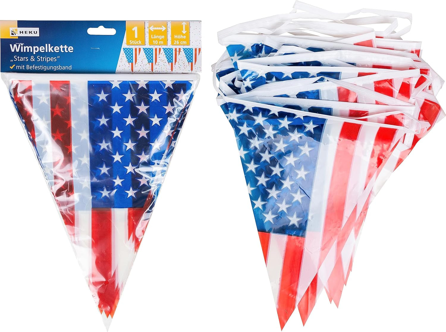 HEKU 191-tlg. USA-Party-Set I Pappteller Ø23 cm, rote Becher, 3-lagige Servietten 33 x 33 cm, Deko-Picker, Wimpelkette 10 m I perfekt für Mottopartys und Nationalfeiertage