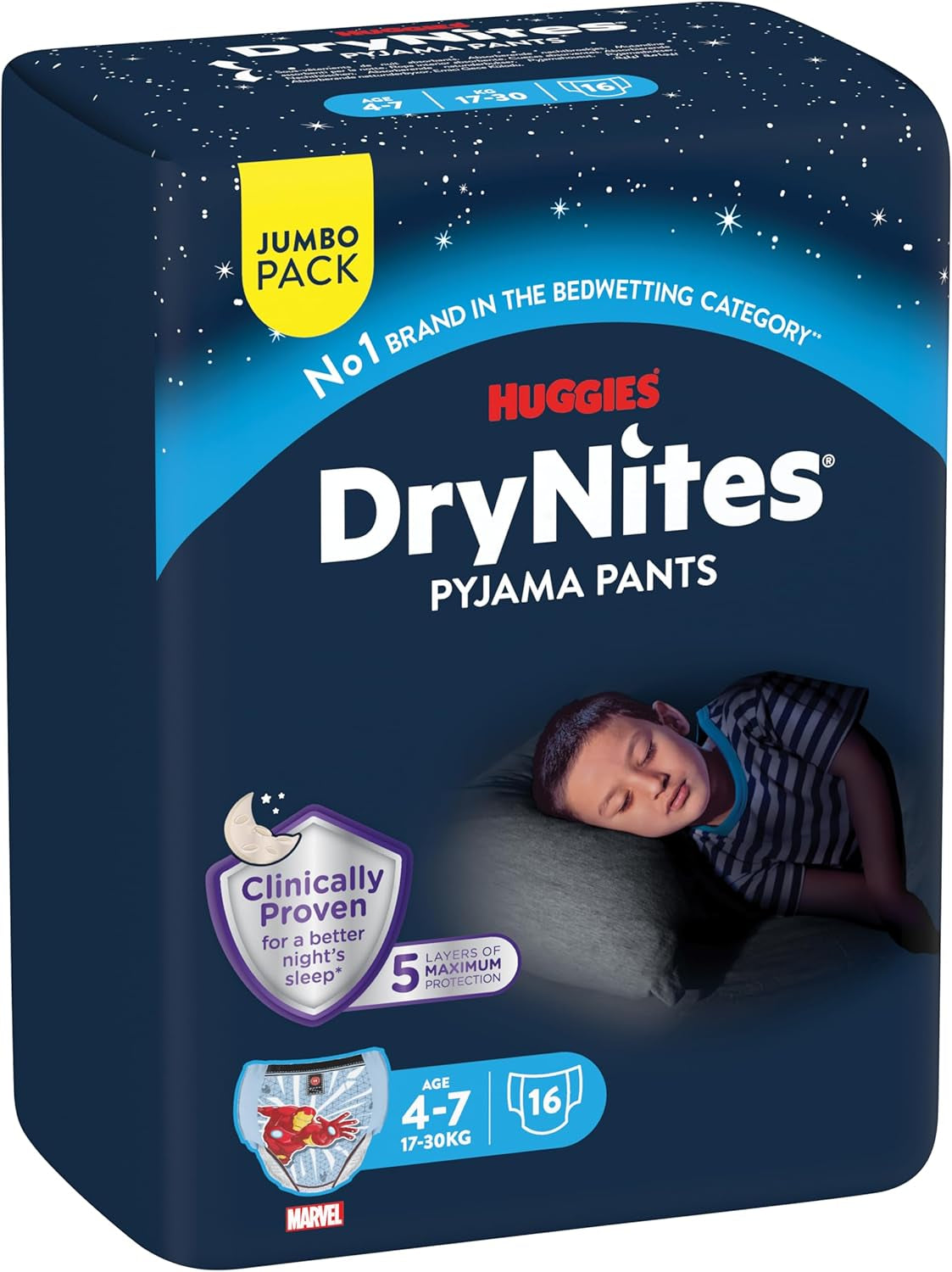 DryNites saugfähige Bettnässerwindeln für Jungen von 4–7 Jahren (17–30 kg), Jumbo-Monatspackung, 64 Stück