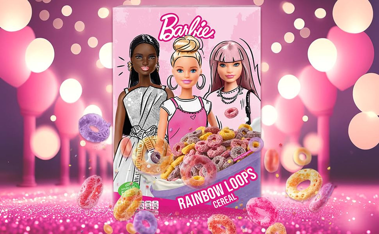 Barbie Rainbow Loops Müsli, bunte Ringe aus Weizen, Hafer und Mais mit Fruchtgeschmack für das perfekte Frühstück, 1 Packung (1 x 350g)