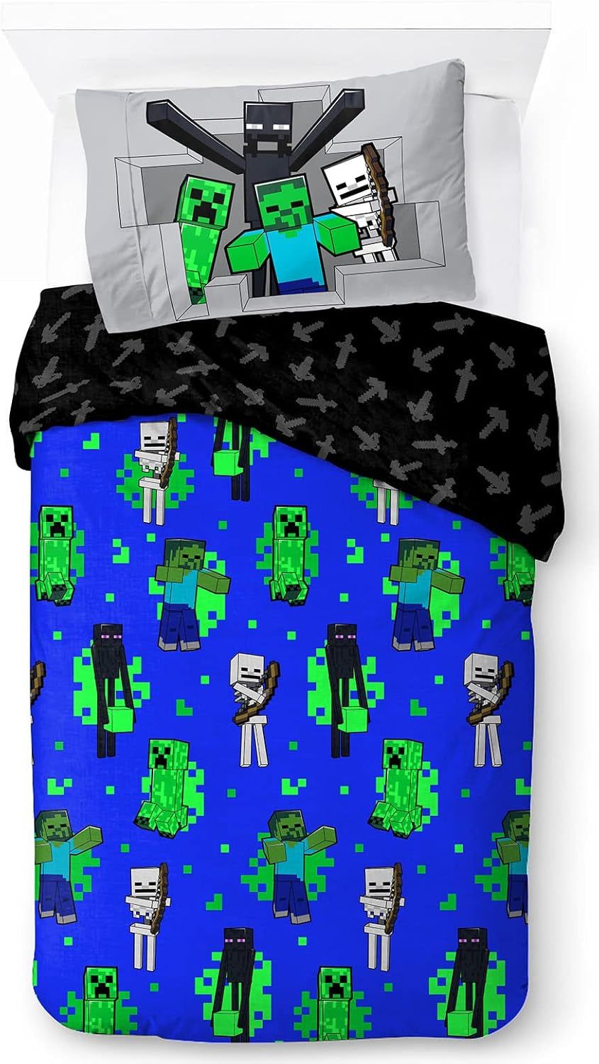 Bettwäsche für Kinder, Disney-Figuren, 100 % Baumwolle Bettwäsche – Kinder Naty Shop Blau – Minecraft 135X200/50X70 (2 Stück)