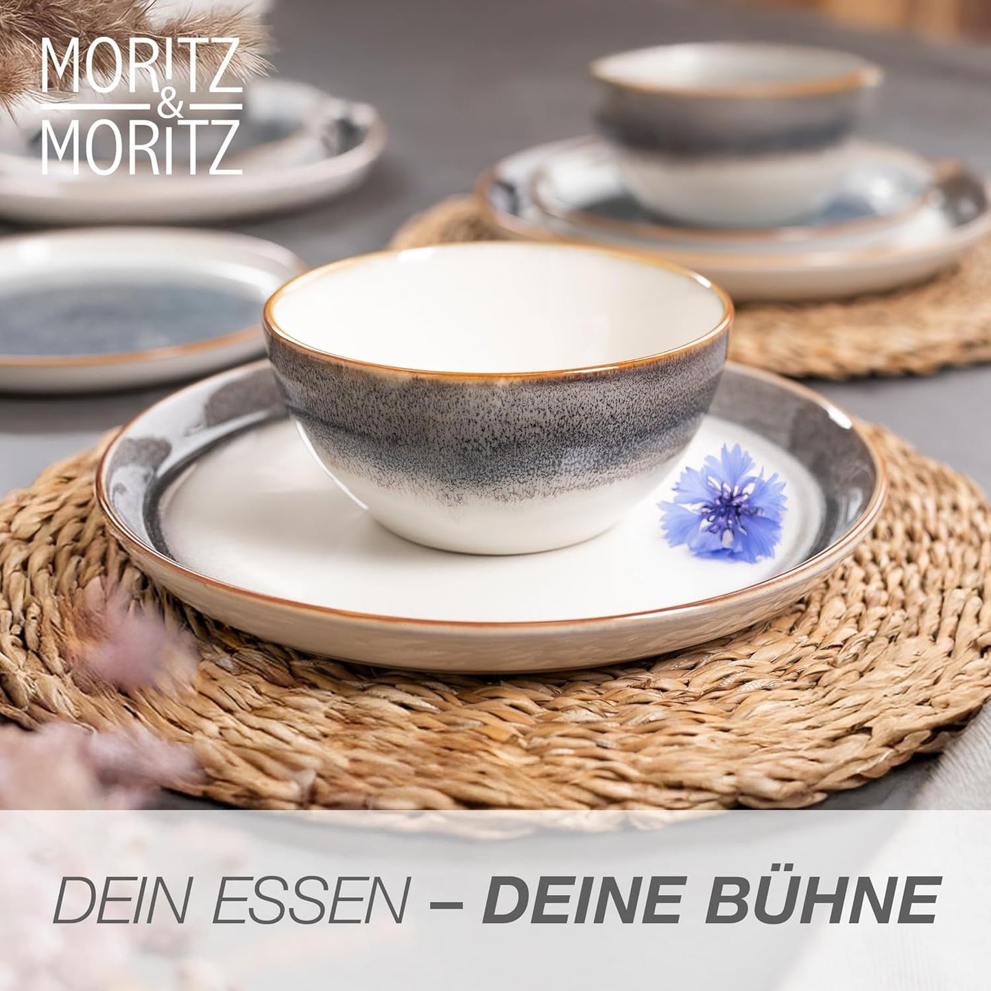 Moritz & Moritz TARENTO 24-teiliges Tafelservice für 6 Personen, Grau – Elegantes Tellerset aus hochwertigem Steingut – Das Tafelservice besteht aus 6 Speisetellern, 6 Desserttellern, 6 Speisetellern und 6 Tassen