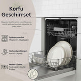 SANGER | 24-teiliges Korfu-Geschirrset Tafelservice für 8 Personen Handgefertigtes Keramik-Geschirrset inklusive Speisetellern, Desserttellern und Suma-Tellern. Cremefarbenes Geschirr mit sandiger Textur