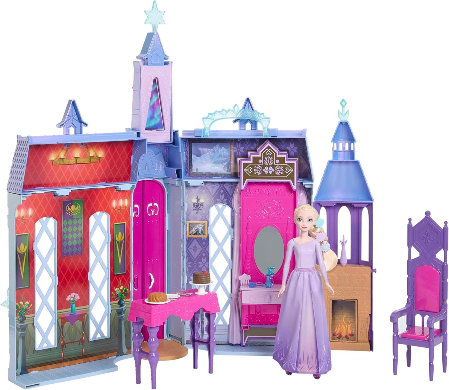 Mattel Disney Frozen – Castle Arendelle Puppenhaus (60 cm+) mit Elsa-Puppe, 4 Spielplätzen und 15 Stück Disney Frozen II Möbeln und Zubehör, HLW61