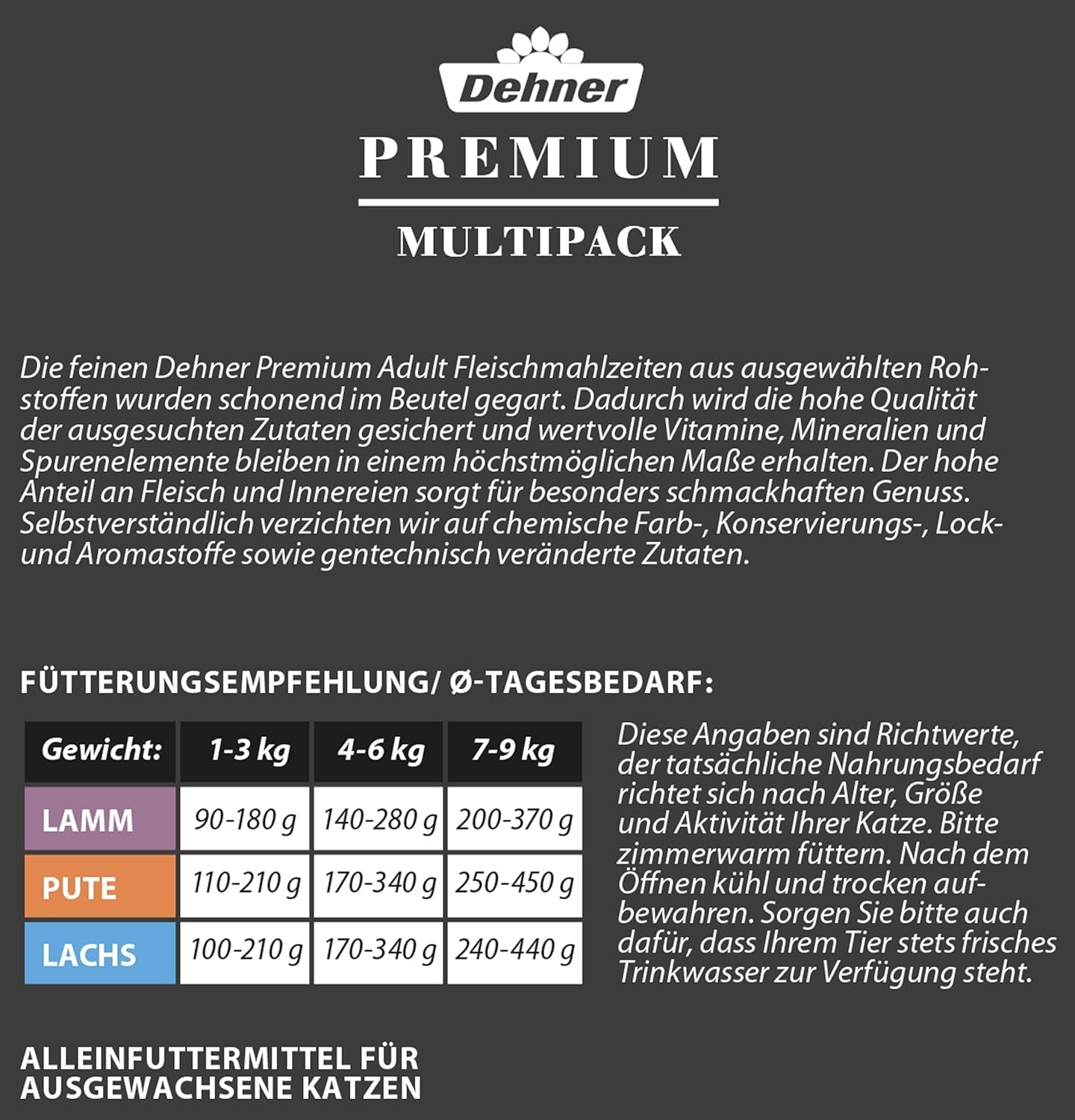 Dehner Premium Nassfutter für Katzen, Multipack, ausgewachsene Katzen, je 4 Stück: Lamm / Truthahn / Lachs, 12 Beutel x 100 g (1,2 kg)