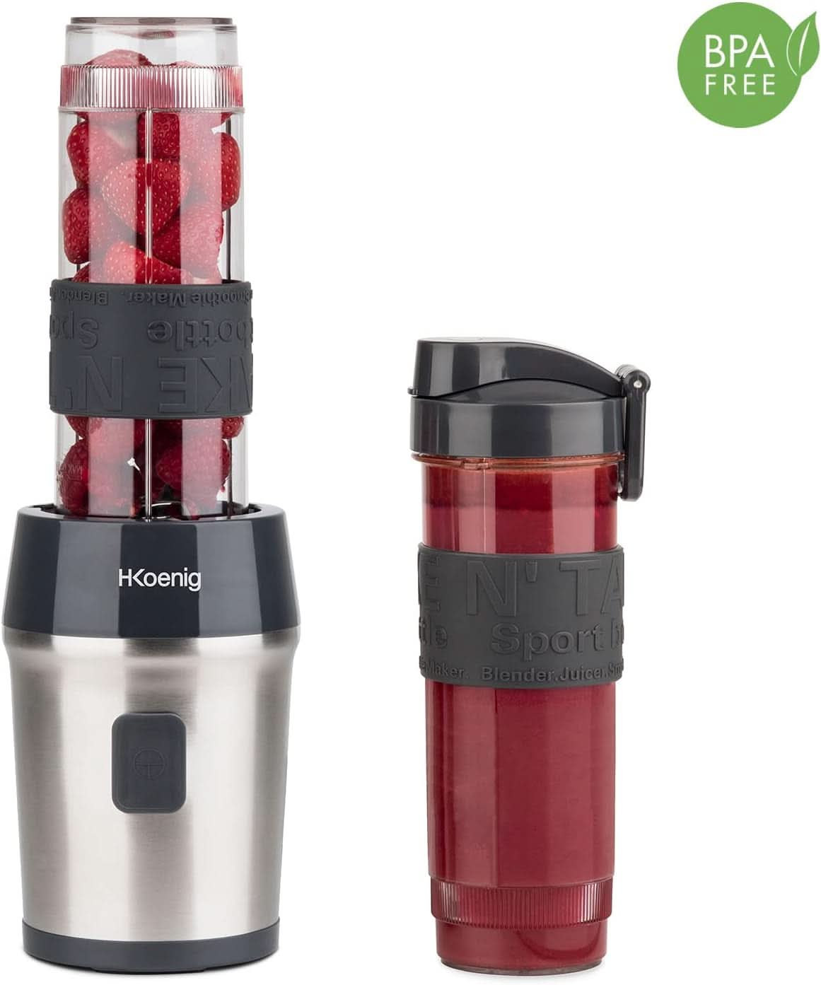 H.Koenig Smoothie Maker SMOO9 – Mini-Standmixer – Mini-Mixer – 300 Watt – 570 ml – Edelstahl – 2 Kunststoffflaschen – Bpa-Frei, Grau Kitchen Naty Shop