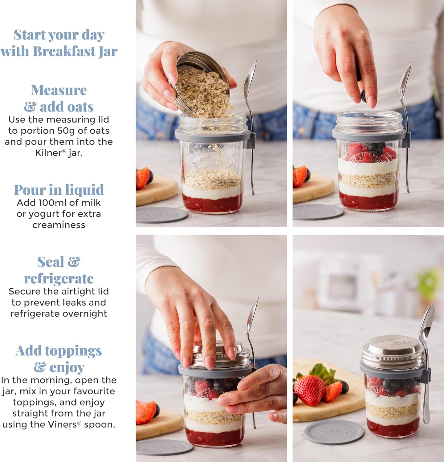 Kilner Frühstücksglas mit Löffel / 350 ml, Ø 9,5 cm / 5 Stück | Müslibecher zum Mitnehmen / ungiftig / Glasbehälter mit Deckel für Müsli, Porridge und Joghurt / Overnight-Oats-Behälter Naty Shop Lebensmittelaufbewahrungsboxen