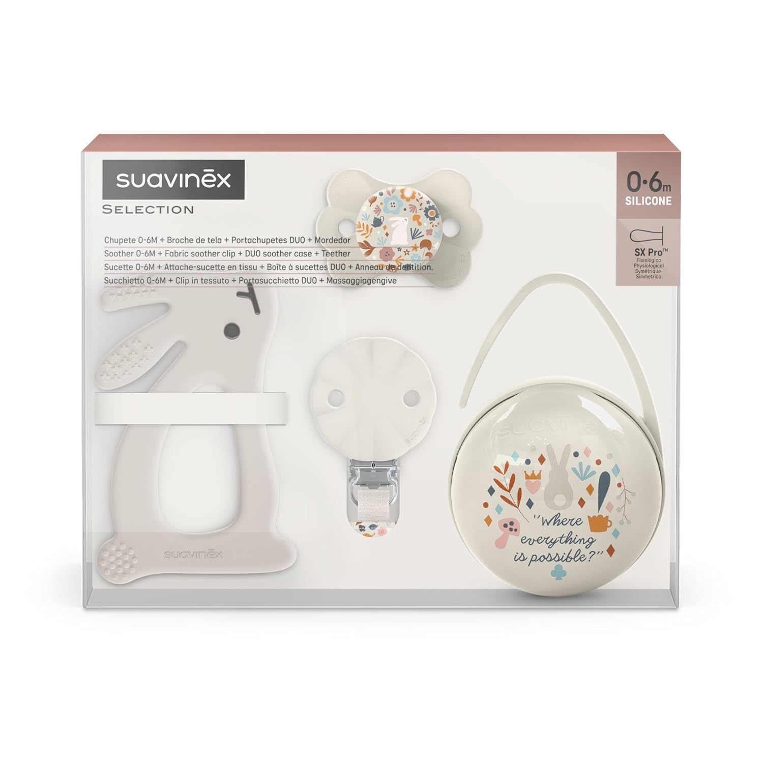 Suavinex-Geschenkset für Neugeborene. 4-teiliges Set bestehend aus: Physiologischer SX Pro-Schnuller für Babys von 0 bis 6 Monaten + Schnullerhalter + Duo-Schnullerhülle + Beißring aus Silikon. Wunderland, beige