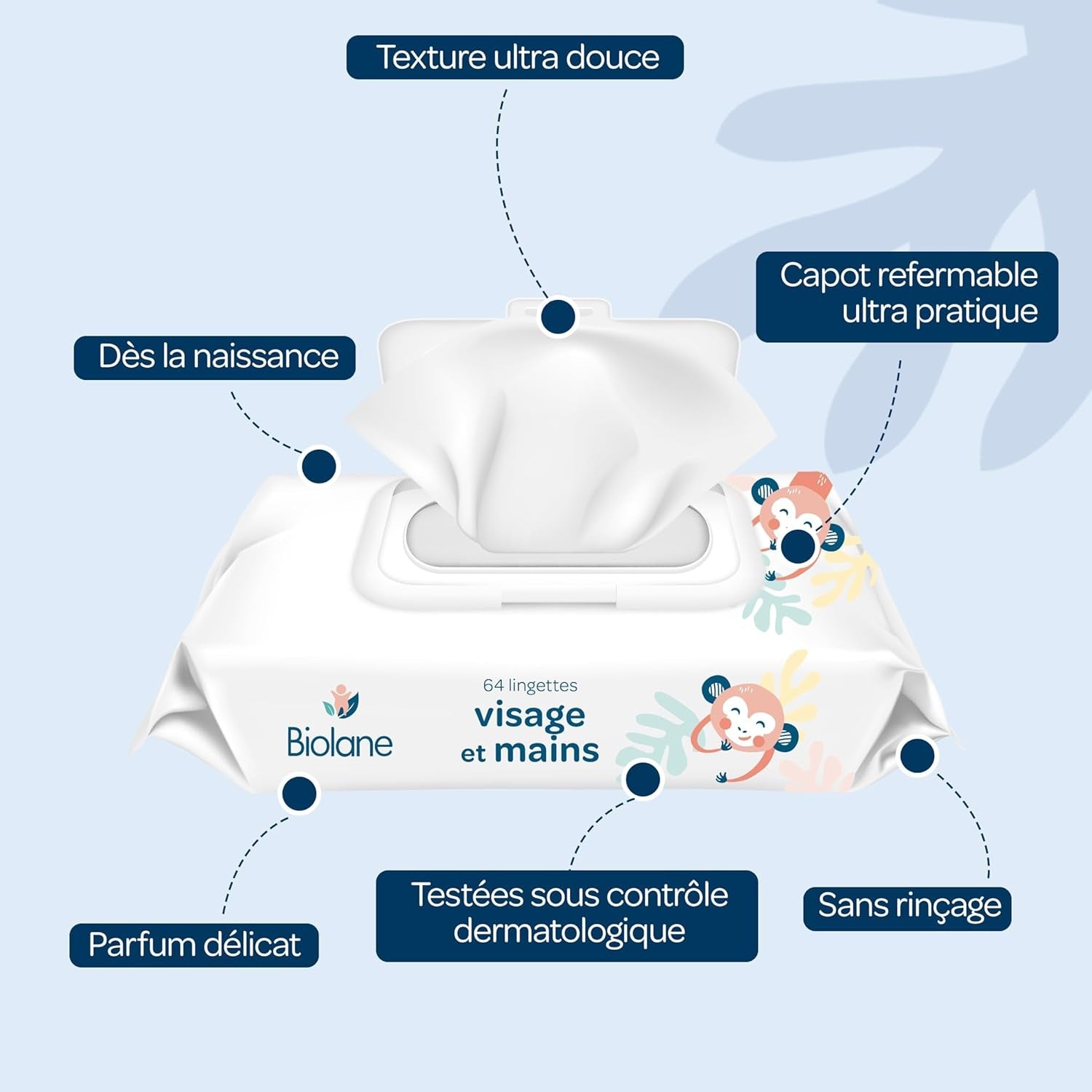 BIOLANE – Baby-Feuchttücher für Gesicht und Hände – 6er-Pack – 384 Tücher (6 x 64 cm) – reinigt und schützt – Toilettenartikel – hypoallergen – für empfindliche Haut – 97 % natürliche Inhaltsstoffe – hergestellt