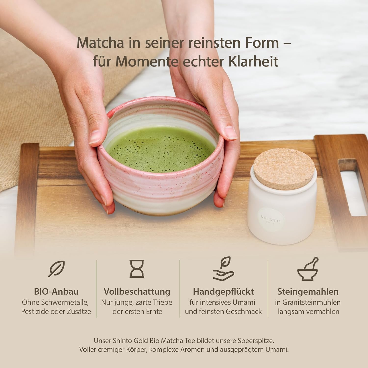 Shinto – „Gold“ Bio-Matcha-Tee – Grüntee-Pulver in Zeremonienqualität – JAS- und EU-BIO-zertifiziert – schattiert und handverlesen – Direktimport aus Uji, Japan – 30 g