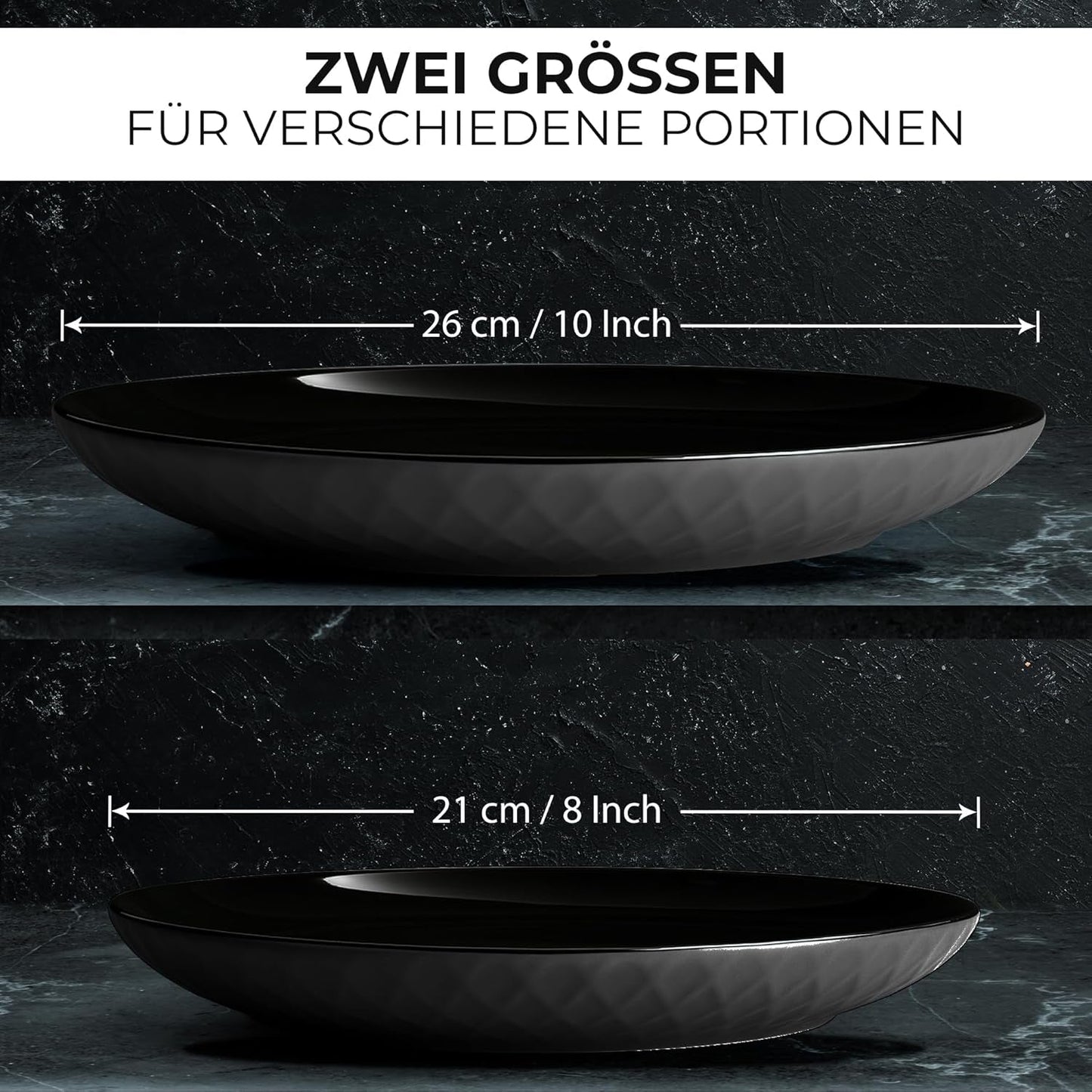 MIAMIO – 6-teiliges modernes Keramik-Geschirr/Teller-Set für 6 – Palmanova-Kollektion (Schwarz, große Teller (6x))