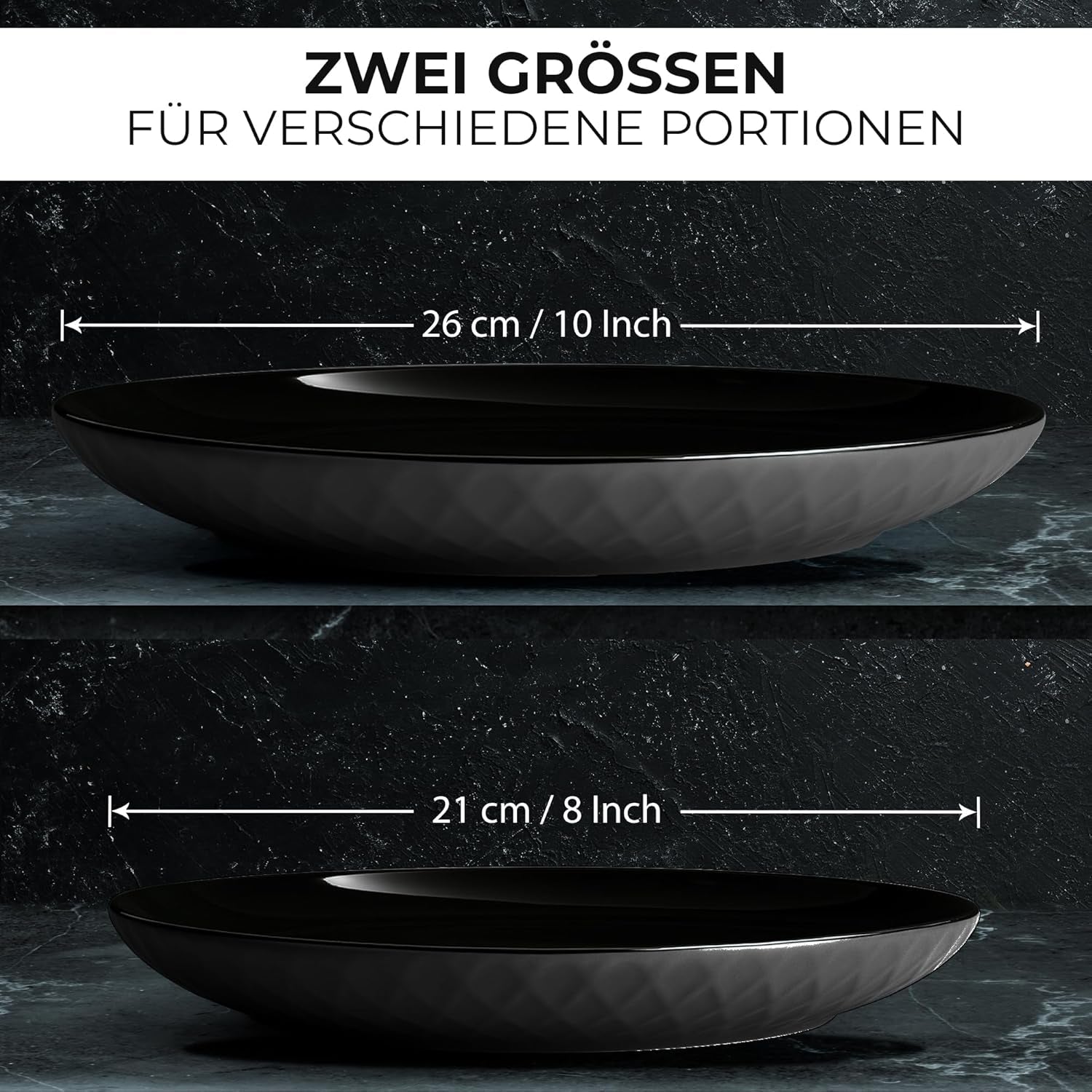 MIAMIO – 6-teiliges modernes Keramik-Geschirr/Teller-Set für 6 – Palmanova-Kollektion (Schwarz, große Teller (6x))