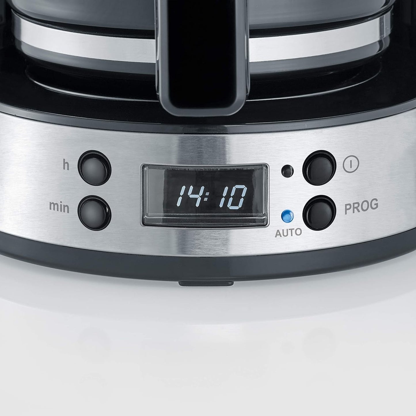 SEVERIN Espressomaschine „TypeSwitch“ mit Glaskaraffe und Timer, AromaSwitch zur Auswahl von 2 Brühoptionen, Digitaluhr mit Timerfunktion, für bis zu 10 Tassen, 1000 W, Edelstahl gebürstet-schwarz, KA 4826
