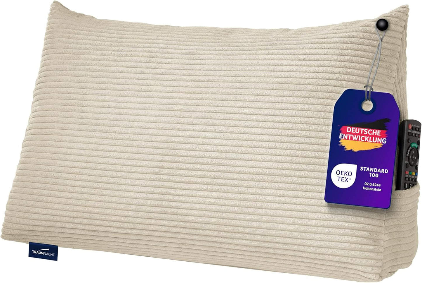 Traumnacht Cozy Rückenkissen, Lesekissen, 70 x 40 cm beige, abnehmbarer und waschbarer Bezug aus 100 % Polyester, praktische Seitentasche, Öko-Tex zertifiziert, nach deutschen Qualitätsstandards produziert