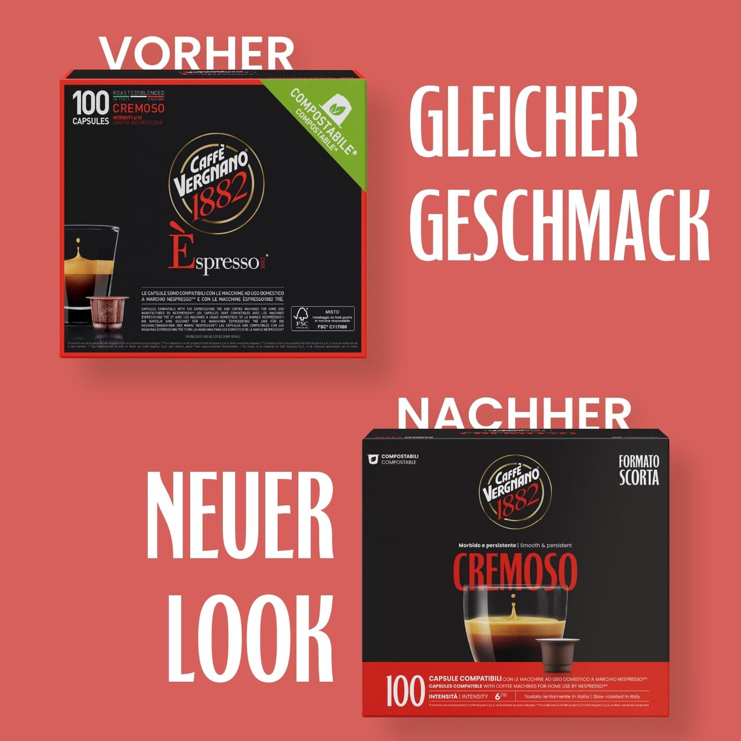 Caffè Vergnano 1882 – Èspresso kompostierbare Kaffeekapseln, kompatibel mit Nespresso, Cremoso (cremig) – Packung enthält 100 Kapseln