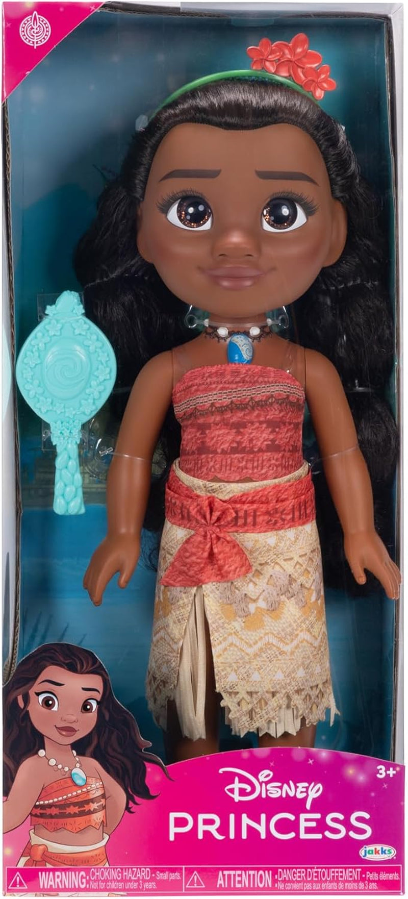 Disney Princess Moana, 35 cm große Puppe, reflektierende Glitzeraugen, bewegliche Gelenke, abnehmbares Outfit, Blumenclip, langes Haar, für Mädchen ab 3 Jahren