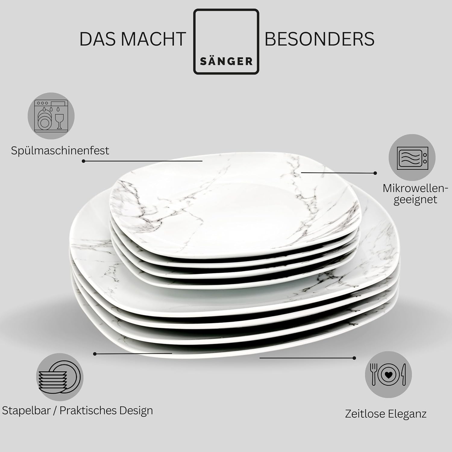SANGER | Bilgola Marmor-Geschirr-Set, 36-teilig, für 6 Personen, mit Speisetellern, Desserttellern, Suma-Tellern, Müslischalen, Kaffeetellern und Porzellan-Untertassen, quadratisch | DIE PREMIUM-KOLLEKTION