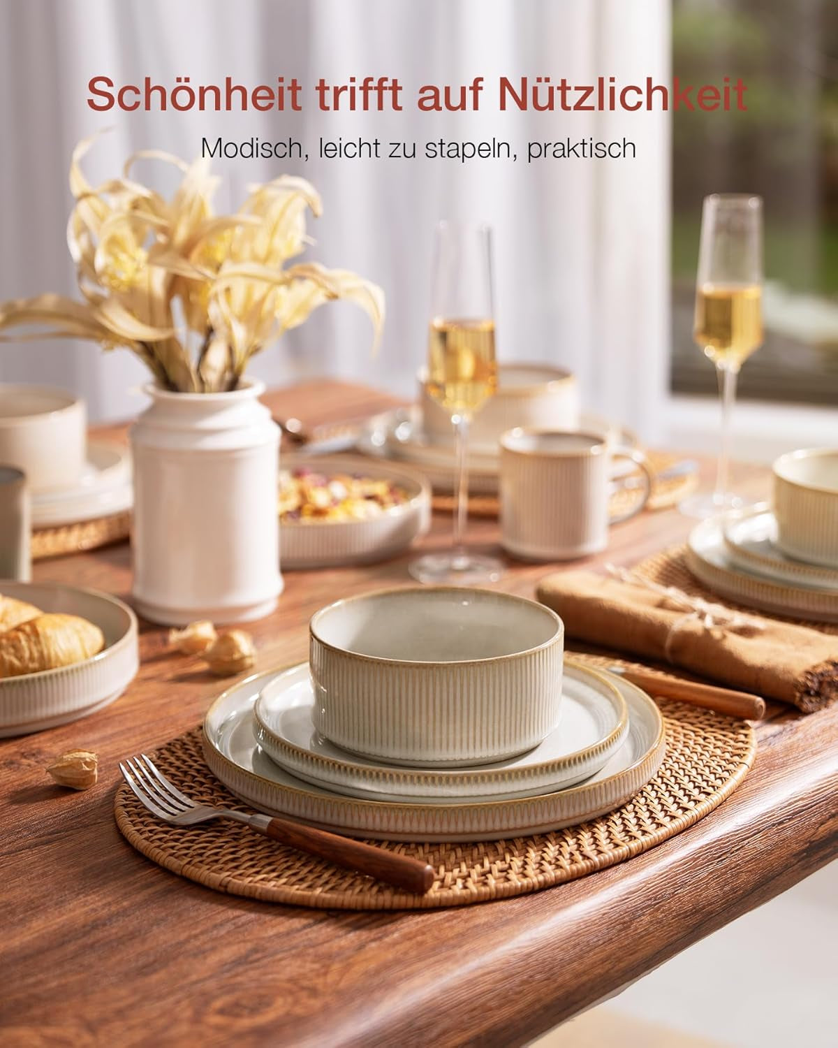 Star 18-teiliges Geschirrset, 6-Personen-Geschirrset, Porzellan, kratzfest, mikrowellen- und spülmaschinenfest, Cappuccino-Weiß
